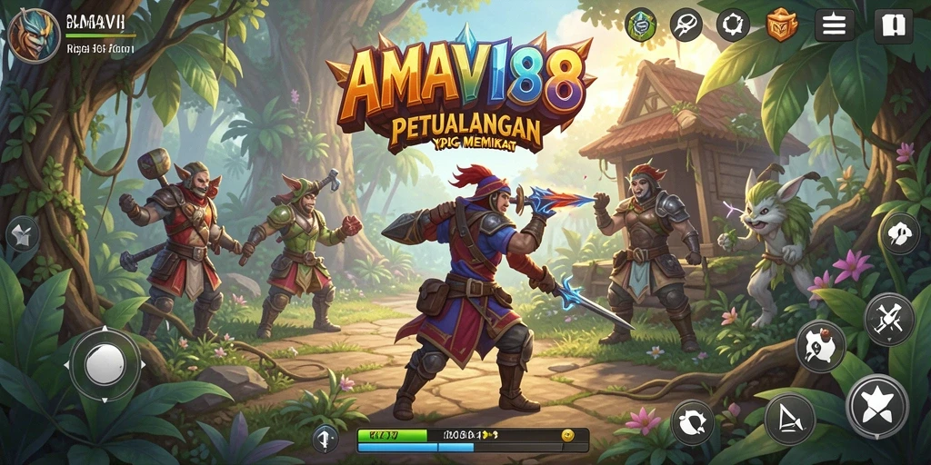 Tampilan utama gameplay AMAVI88 dengan karakter yang beraksi dalam dunia RPG yang luas.