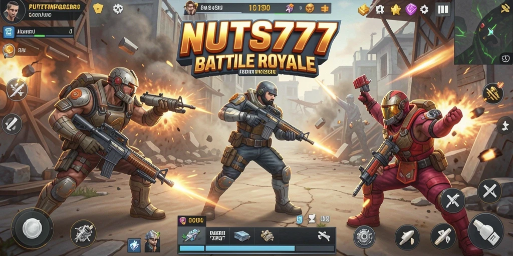 Screenshot gameplay NUTS777 menampilkan pertempuran seru di arena Battle Royale.