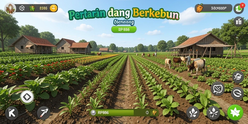 Screenshot gameplay RP886 menampilkan dunia pertanian yang kaya dan interaktif.