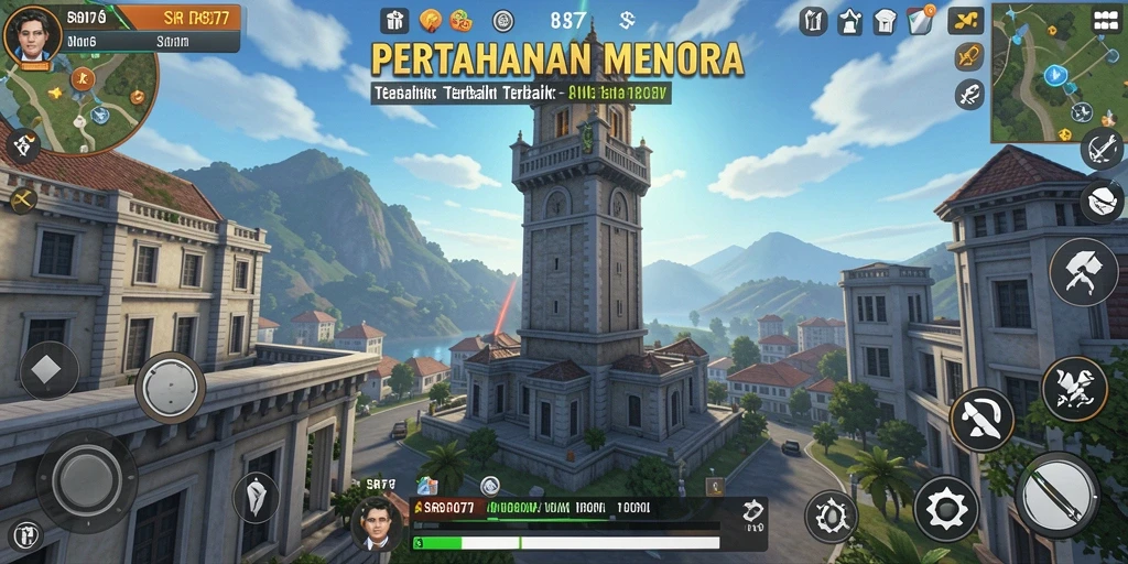 Screenshot SR877 menampilkan aksi menara pertahanan yang mendebarkan.