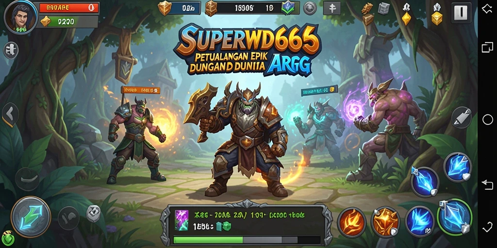 Screenshot gameplay SUPERWD666 menampilkan pertarungan epik antara karakter dan monster.