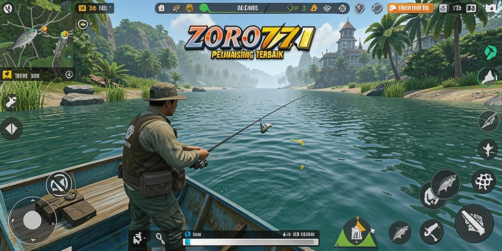 Tampilan gameplay ZORO77 saat memancing di lokasi indah.